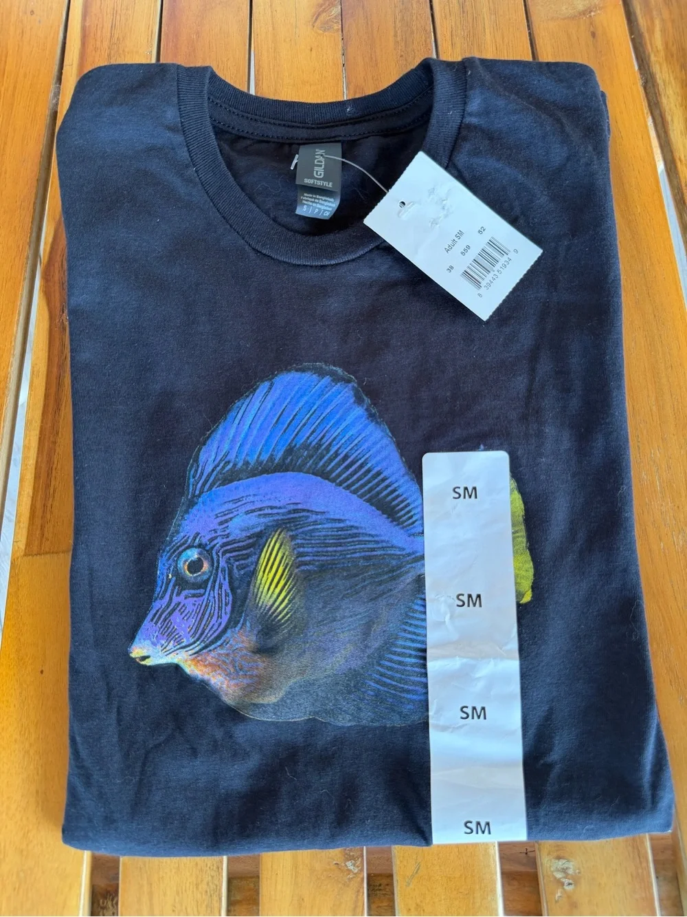 Gildan Black T-Shirt with Blue and Yellow Tropical Fish Graphic